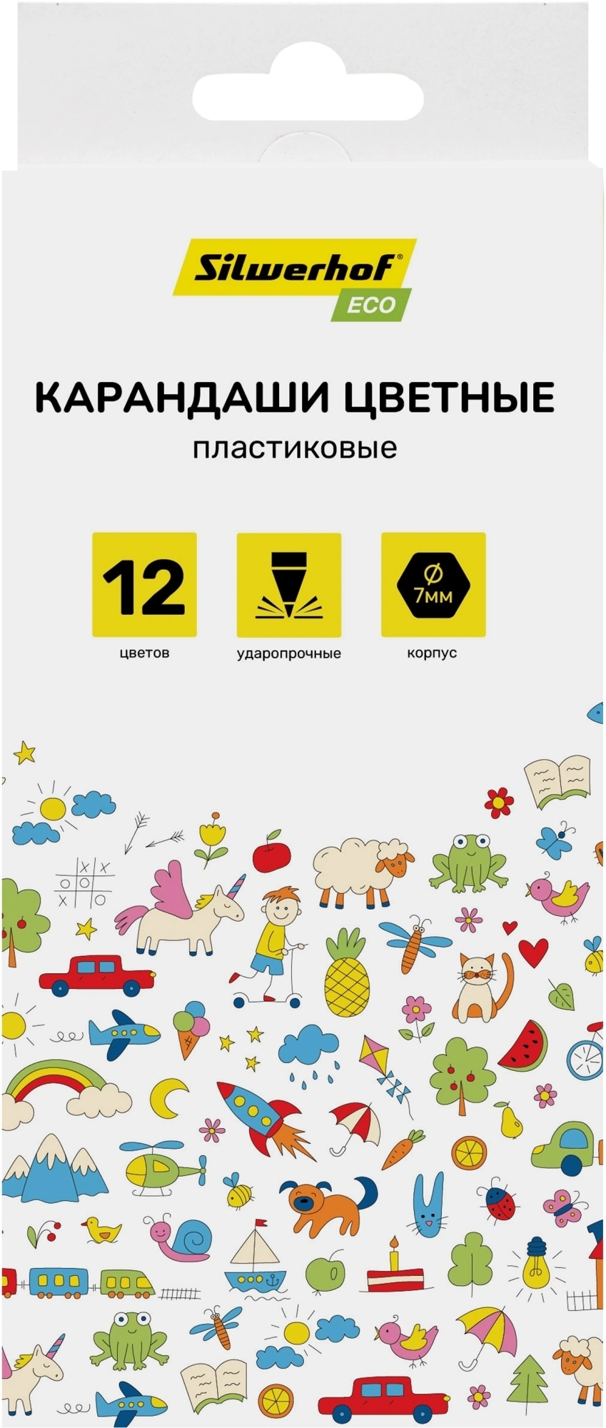 Карандаши цветные Silwerhof Eco 2.6 мм, шестигранный профиль, пластик, ассорти, 12 цветов, коробка с европодвесом
