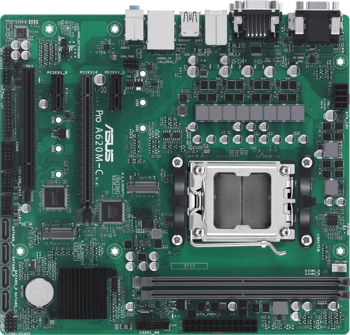 Материнская плата ASUS Pro A620M-C-CSM, AM5, AMD A620, 2xDDR5, 4xSATA, 2xM.2 PCIe 4.0 x4, 1xPCIe 4.0 x16, 2xPCIe x1, 1xRJ45 1GbE, 1xUSB 3.2 Gen 2, 3xUSB 2.0, 1xUSB-C 3.2 Gen 2, 1xDVI-D, 1xDP, 1xHDMI, 1xVGA, 3x3.5 мм, 7.1, mATX