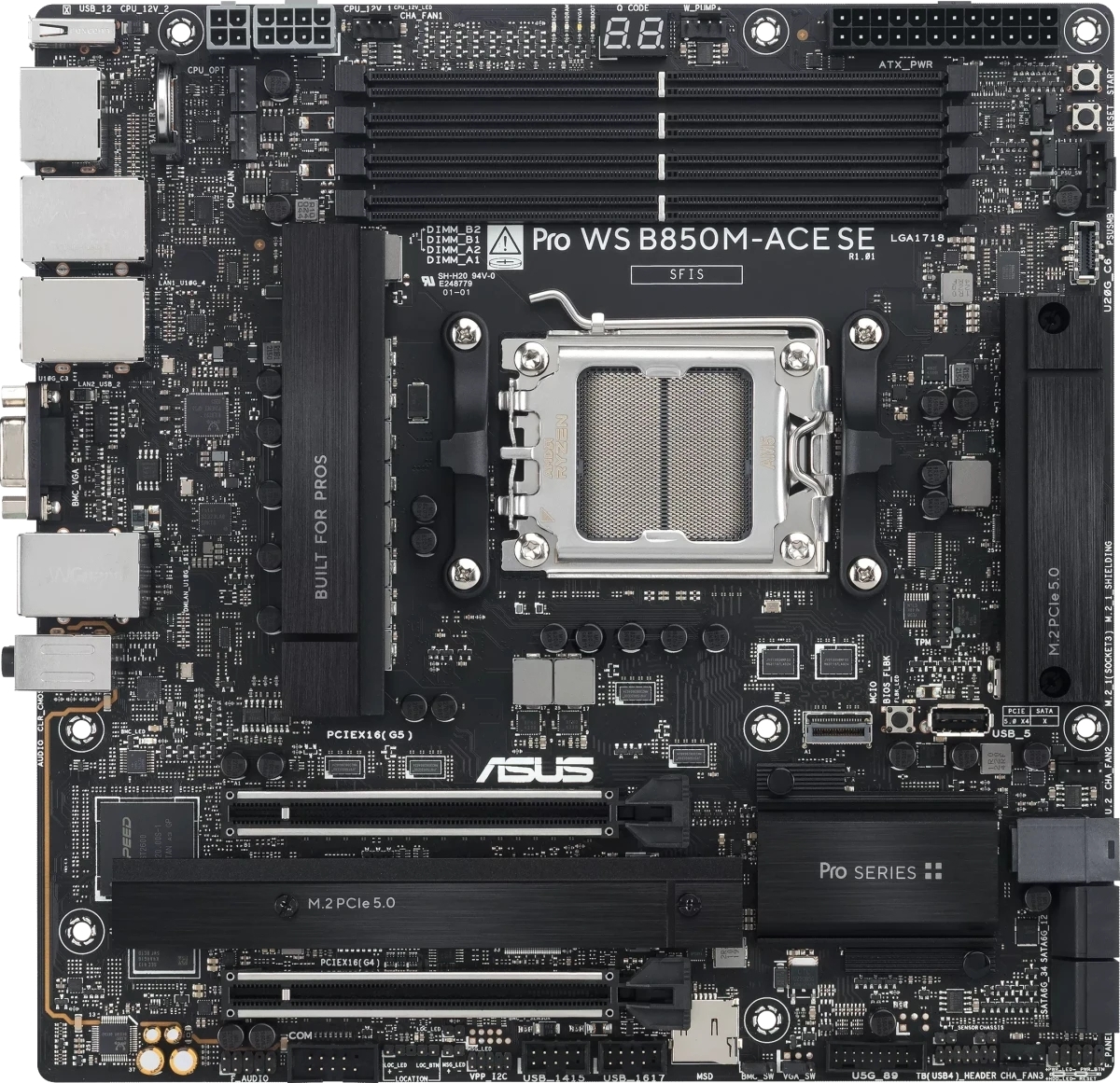 Материнская плата ASUS PRO WS B850M-ACE SE, AM5, AMD B850, 4xDDR5, 4xSATA, 2xM.2, 1xPCIe 5.0 x16, 1xPCIe 4.0 x16, 1xVGA, 1xHDMI, 1xDP, 1x2.5Gb LAN, 1x10Gb LAN, 2xUSB-C 10Gbps, 3xUSB-A 10Gbps, 2xUSB-A 2.0, 7.1, mATX