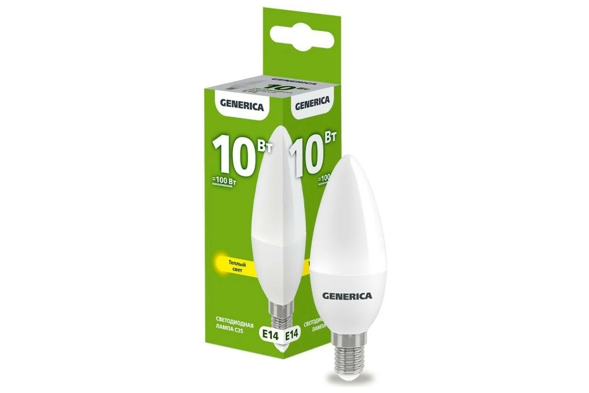 Лампа светодиодная GENERICA LL-C35-10-230-30-E14-G C35 10 Вт свеча 3000К E14 230В