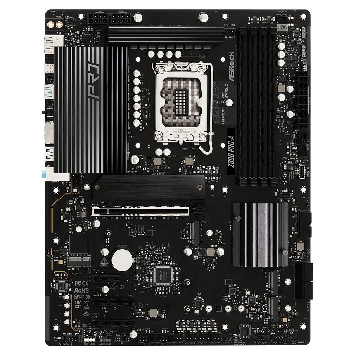 Материнская плата ASRock Z890 Pro-A, LGA 1851, Intel Z890, 4xDDR5, 4xSATA, 4xM.2, 1xPCIe 5.0 x16, 2xPCIe x4, 1xPCIe x1, 1xUSB-C 3.2 Gen 2x2, 1xUSB-A 3.2 Gen 2, 2xUSB-A 3.2 Gen 1, 4xUSB 2.0, 1xHDMI, 1xDP, 1x2.5Gb LAN, 3x3.5 мм, 7.1, ATX