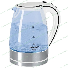 Чайник Atlanta, ATH-691 белый, стекло Стекло, 2,0л, 2000 Вт, иллюминация, быстрое закипание, фильтр от накипи, защита от перегрева.