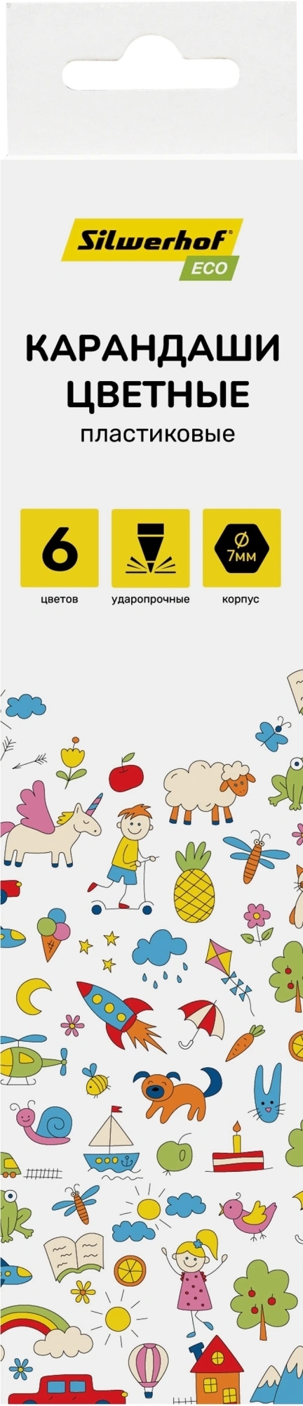 Карандаши цветные Silwerhof Eco 2.6 мм, шестигранный профиль, пластик, ассорти, 6 цветов, коробка с европодвесом