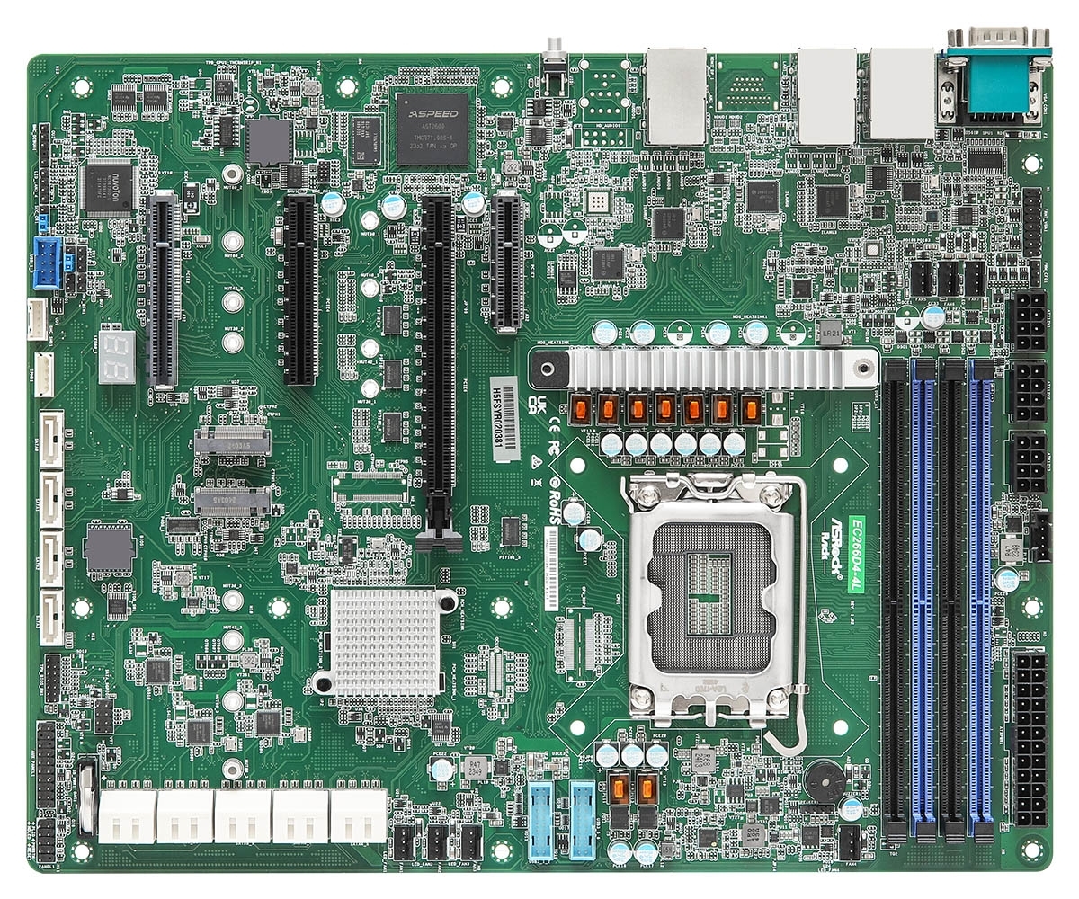 Материнская плата серверная ASRock EC266D4-4L, LGA1700, Intel C266, 4xDDR5 (ECC), 14xSATA, 2xM.2, 1xPCIe 5.0 x16, 1xPCIe 5.0 x8, 1xPCIe 4.0 x4, 1xVGA, 5x1Gb LAN (вкл. IPMI), 2xUSB-A 5Gbps, 1xCOM, ATX