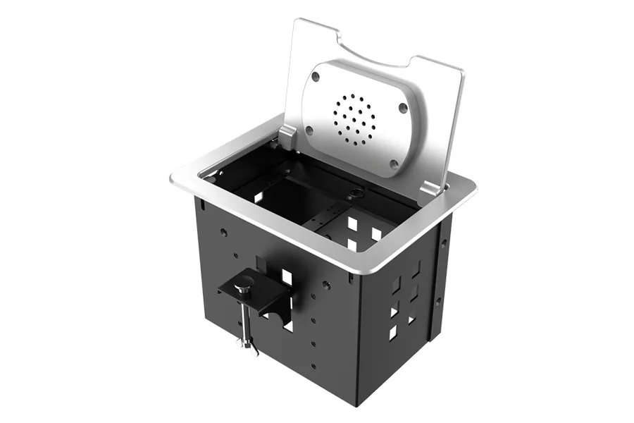 Прямоугольный металлический корпус Wize Pro WRTS-06BOXQI-S для модульной системы врезного лючка в стол с откидывающейся крышкой,до 6 модулей-вставок, беспроводная зарядка 10Вт для моб. устройств на крышке, преустановленная рамка,серебр