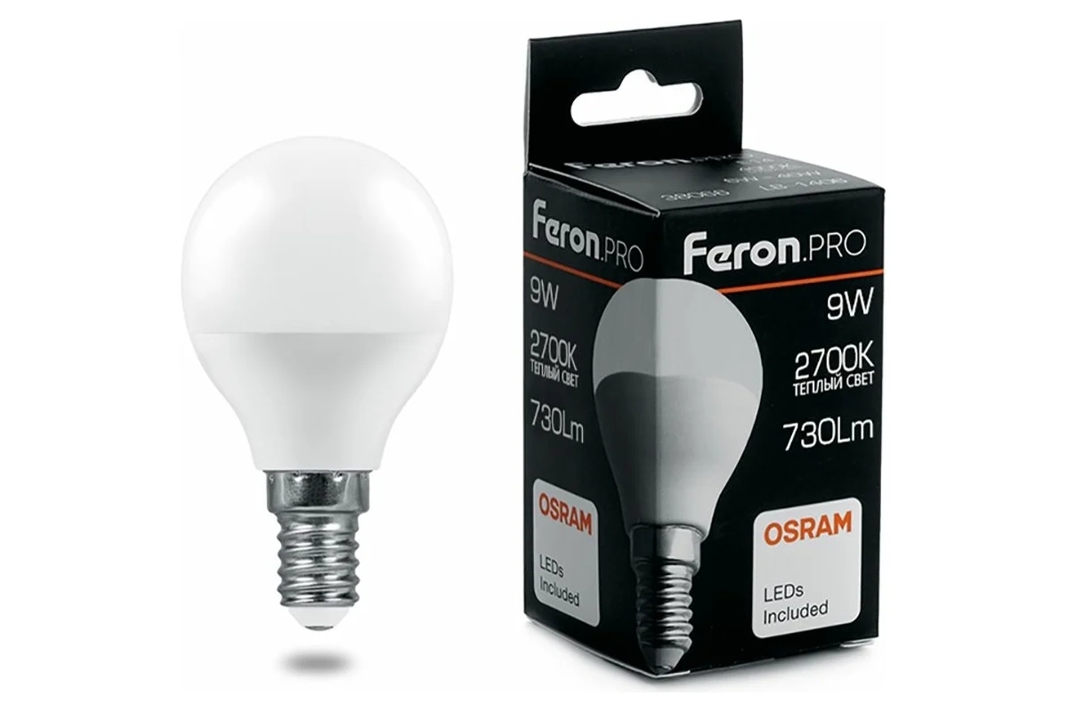 Лампа светодиодная FERON PRO LB-1409 (38077) 9 вт Е14 теплый матовый шар
