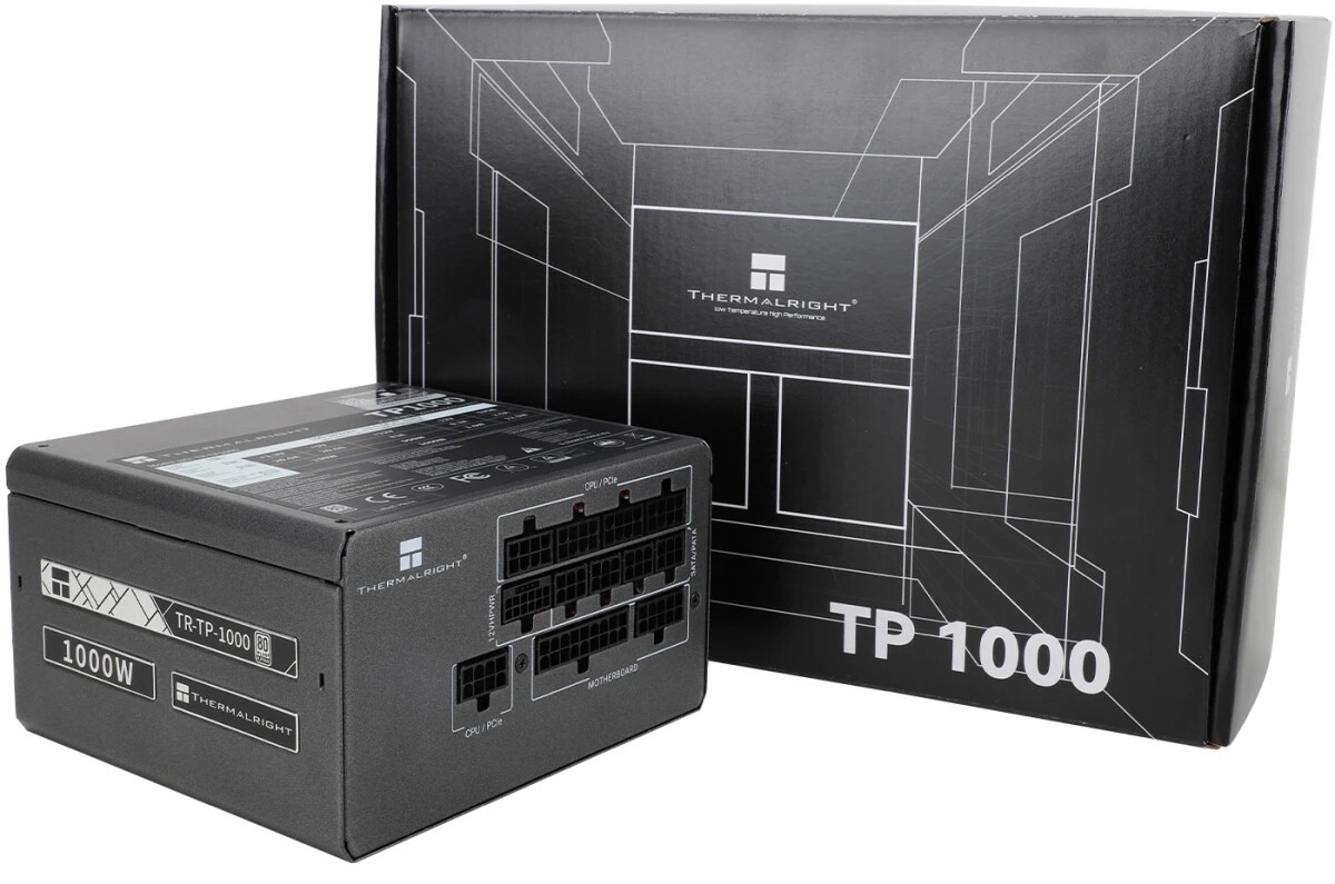 Блок питания Thermalright, 1000W 80+ Platinum (ATX, 3.0, PCIe 5.0, Full modular, 1x24(20+4)pin, 1xCPU 8(4+4)pin, 2xPCIe*2 8(6+2)pin, 1x12VHPWR PCIe 5.0 12+4pin 600мм, 6xSATA3, 4xMOLEX4pin, Active, 120x120мм, 150x140x86мм, APFC, OPP, OVP, OTP, OCP, SCP, UVP, черный)