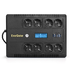 Источник бесперебойного питания ExeGate NEO Smart LHB-1000.LCD.AVR.8SH.CH.USB 1000VA/650W, LCD, AVR, 8*Schuko, USB, 4*USB-порта для зарядки, черный