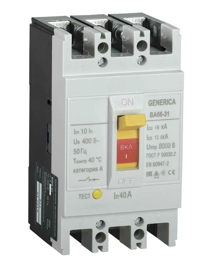 Выключатель автоматический IEK ВА66-31, 3P, 40А, 18кА, GENERICA