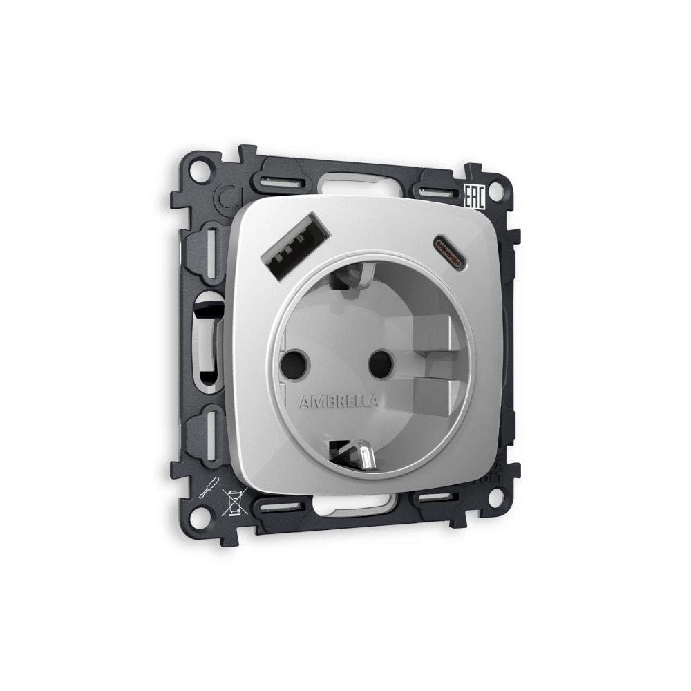 Комплект механизма электрической розетки OMEGA Серебро глянец 2USB A+C 20W (быстрая зарядка) с/з QUANT (OP4100, VM160) MO410010