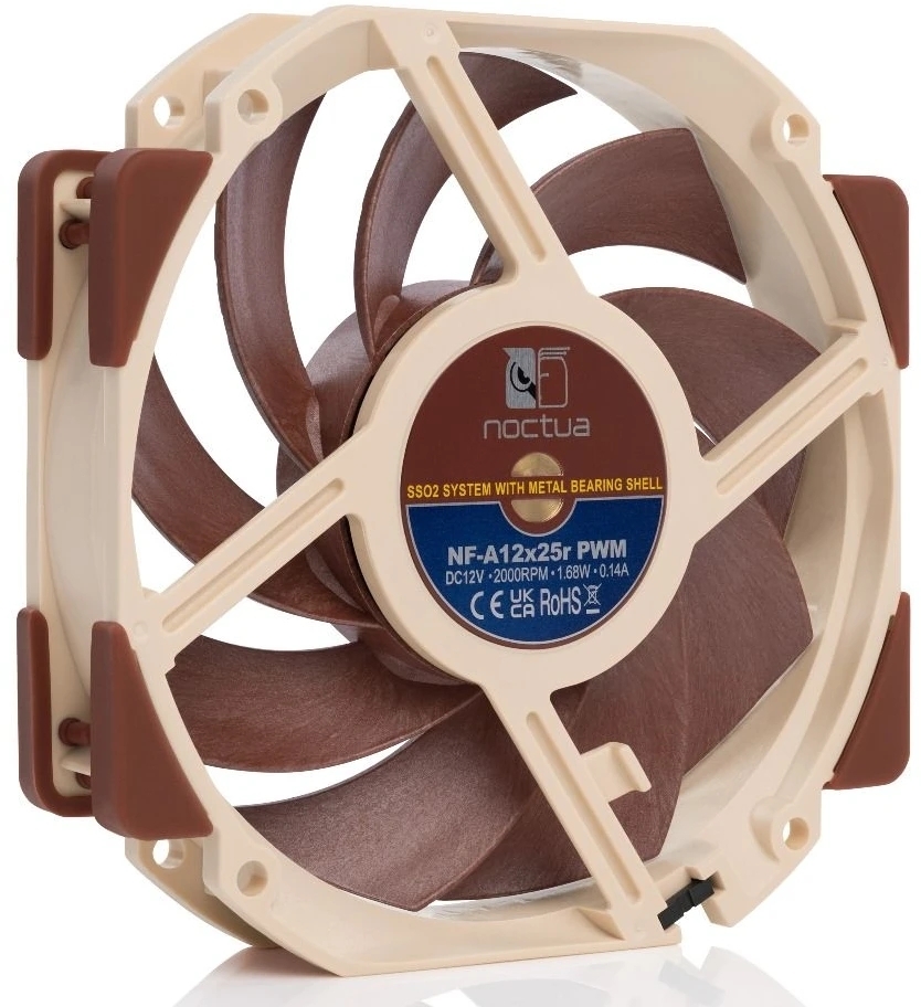 Вентилятор корпусной Noctua NF-A12x25r PWM, 120x25 мм, 0-2000 об/мин, 22.6 дБ, 4-pin PWM, 102.1 м³/ч, 2.34 мм H₂O, подшипник SSO2, бежево-коричневый
