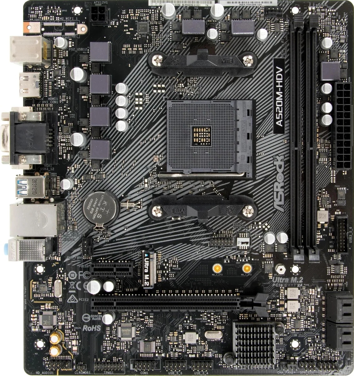 Материнская плата ASRock A520M-HDV, AMD A520, 2x1x M.2 , 1x PCI-E x16, 1x PCI-E x1, 1x D-Sub есть, 1x HDMI есть, 1x DVI есть, 1x DP нет, 1x 1Gb LAN Wi-Fi нет, BT нет, 2x USB 2.0, 2x USB 3.2 Gen1, 7.1, microATX