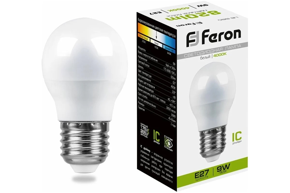 Лампа светодиодная Feron LB-550 9W 230V E27 4000K G45
