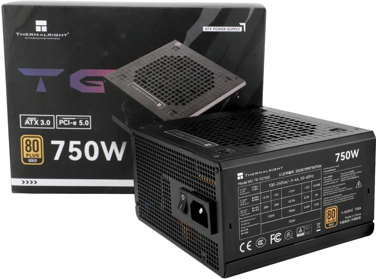 Блок питания Thermalright, 750W 80+ Gold (ATX, 3.0, PCIe 5.0, Non-modular, 1x24(20+4)pin, 1xCPU 8(4+4)pin, 2xPCIe*2 8(6+2)pin, 5xSATA3, 1x12+4pin (12VHPWR PCIe 5.0 12+4pin 600mm), 3xMOLEX4pin, Active, 120x120мм, 150x140x86mm, APFC, black)