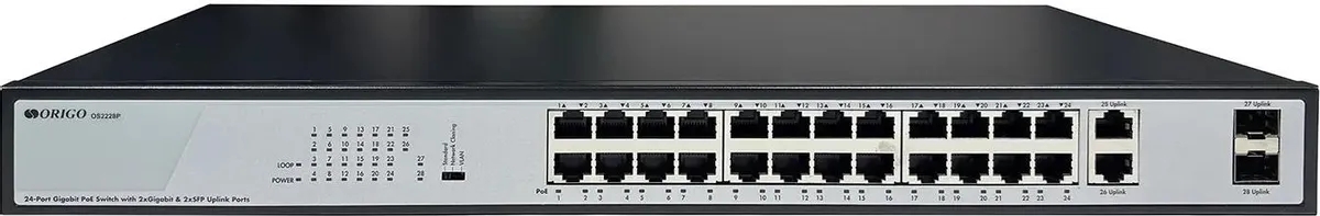 Коммутатор Origo OS2228P/370W/B1A, 26×1 Гбит/с (24 PoE+) + 2×1 Гбит/с SFP, неуправляемый