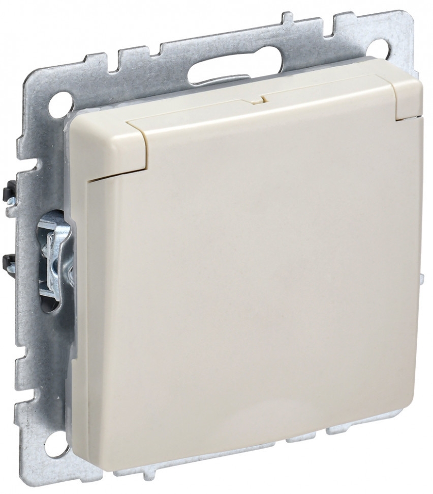 Розетка 1-местная IEK BRITE РСбш10-3-БрКр (BR-R16-16-K10) с заземлением, с защитными шторками и крышкой, 16А, IP20, бежевый