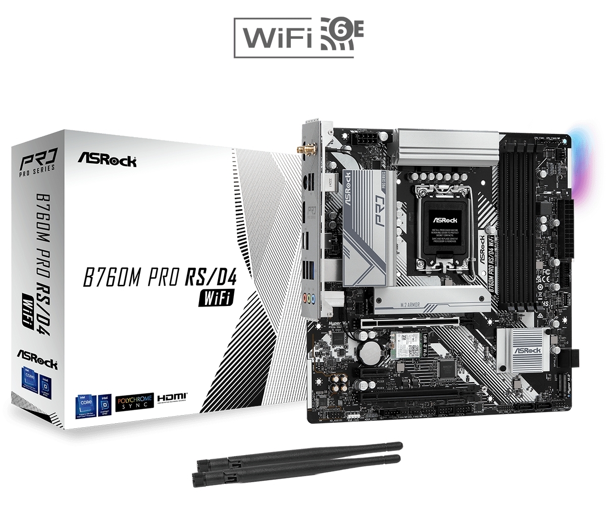 Материнская плата ASRock B760M Pro RS/D4 WiFi, LGA 1700, Intel B760, 4xDDR4, 4xSATA, 2xM.2, 1xPCIe 4.0 x16, DisplayPort, HDMI, USB Type-C, 1x2.5Gb LAN, Wi-Fi 6E, Bluetooth, 3x3.5 мм, 7.1, microATX