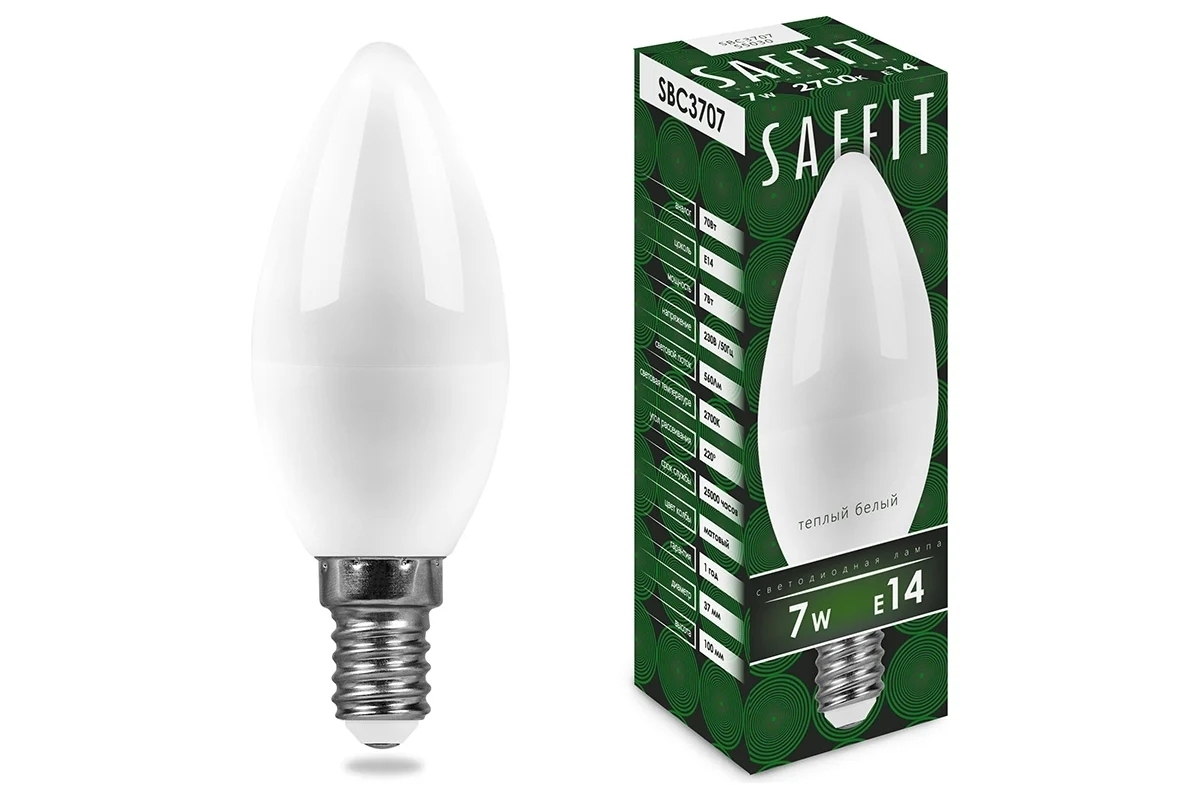 Лампа светодиодная SAFFIT SBC3707 (55030) 7Вт E14 теплый матовая свеча