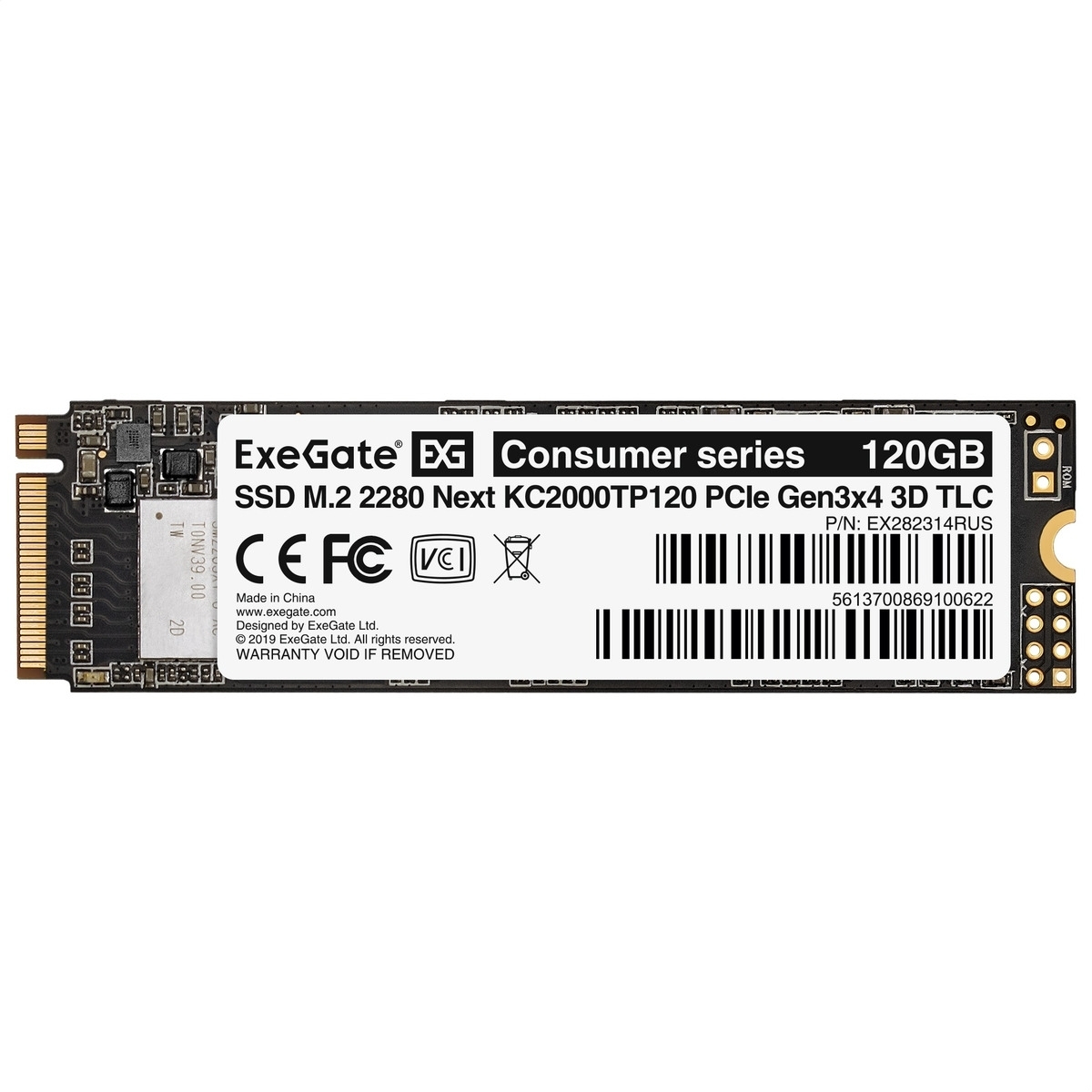 Накопитель SSD ExeGate Next KC2000TP120, 120Gb, M.2 2280, PCIe 3.0 x4, NVMe, R/W 1100/550