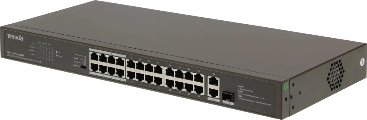 Коммутатор Tenda TEF1126P-24-250W, 24×100 Мбит/с PoE + 2×1 Гбит/с Uplink + 1×1 Гбит/с SFP Combo, неуправляемый