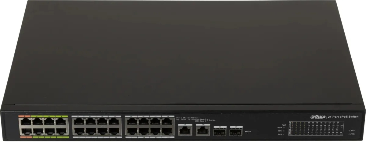 Коммутатор Dahua DH-LR2226-24ET-360, 24×100 Мбит/с + 2×1 Гбит/с + 2×1 Гбит/с Combo, управляемый