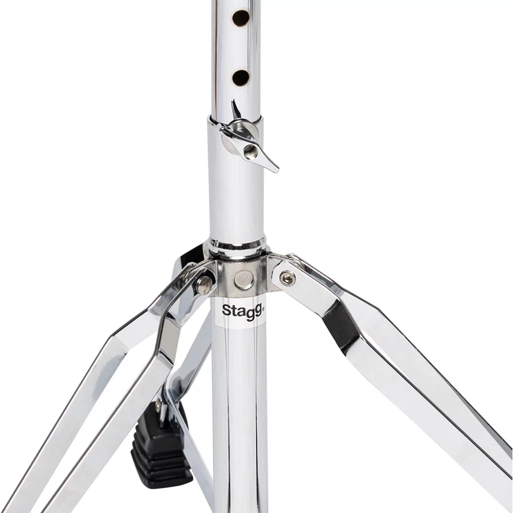 Стул для барабанщика STAGG DT-32 CR высота 50-63 см, 5 ступеней, диаметр сиденья 320 мм, стальная ось с резьбой и фиксатором, максимальная статичная нагрузка 150 кг, вес 3,1 кг, покрытие черный винил, отделка хром