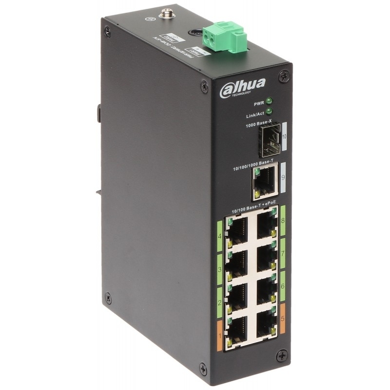 Коммутатор Dahua DH-LR2110-8ET-120, 8×100 Мбит/с PoE+ + 1×1 Гбит/с + 1×1 Гбит/с SFP, неуправляемый