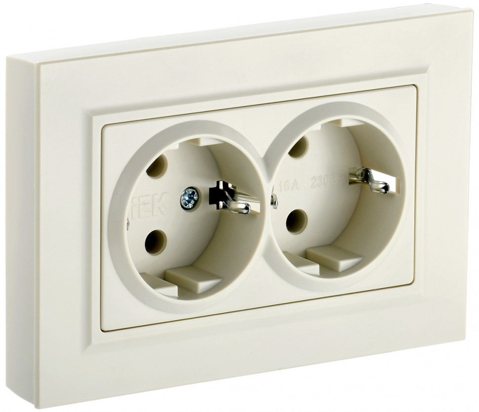 Розетка 2-местная IEK BRITE РС12-3-БрКр (BR-R21-16-K10-F) с заземлением, без защитных шторок, 16А в сборе, бежевый