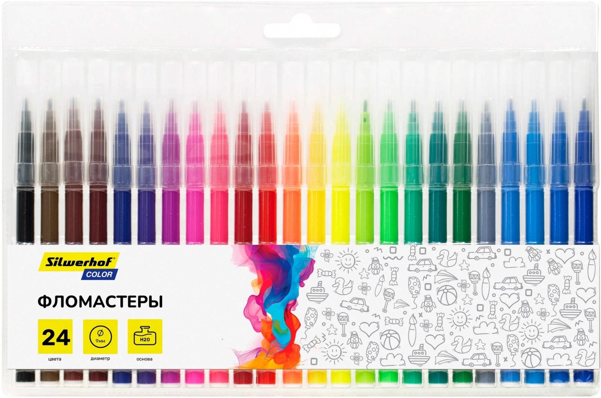 Фломастеры Silwerhof Color 9мм 145мм, круглый корпус, пулевидный пишущий наконечник, вентилируемый колпачок, 24 цвета, пакет с европодвесом