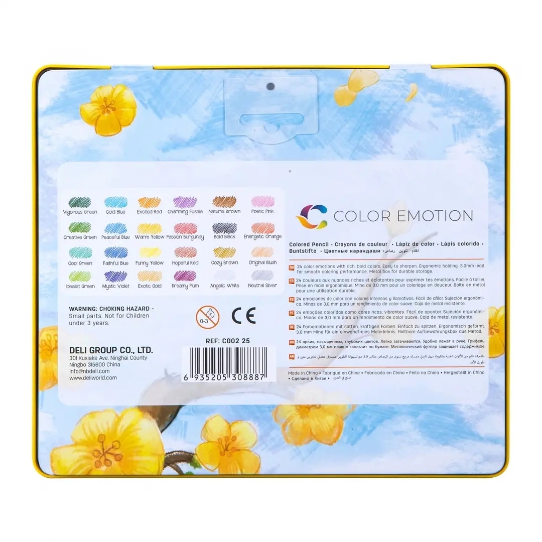 Карандаши цветные Deli EC00225 Color Emotion, трехгранный профиль, липа, 24 цвета, металлическая коробка (24шт)