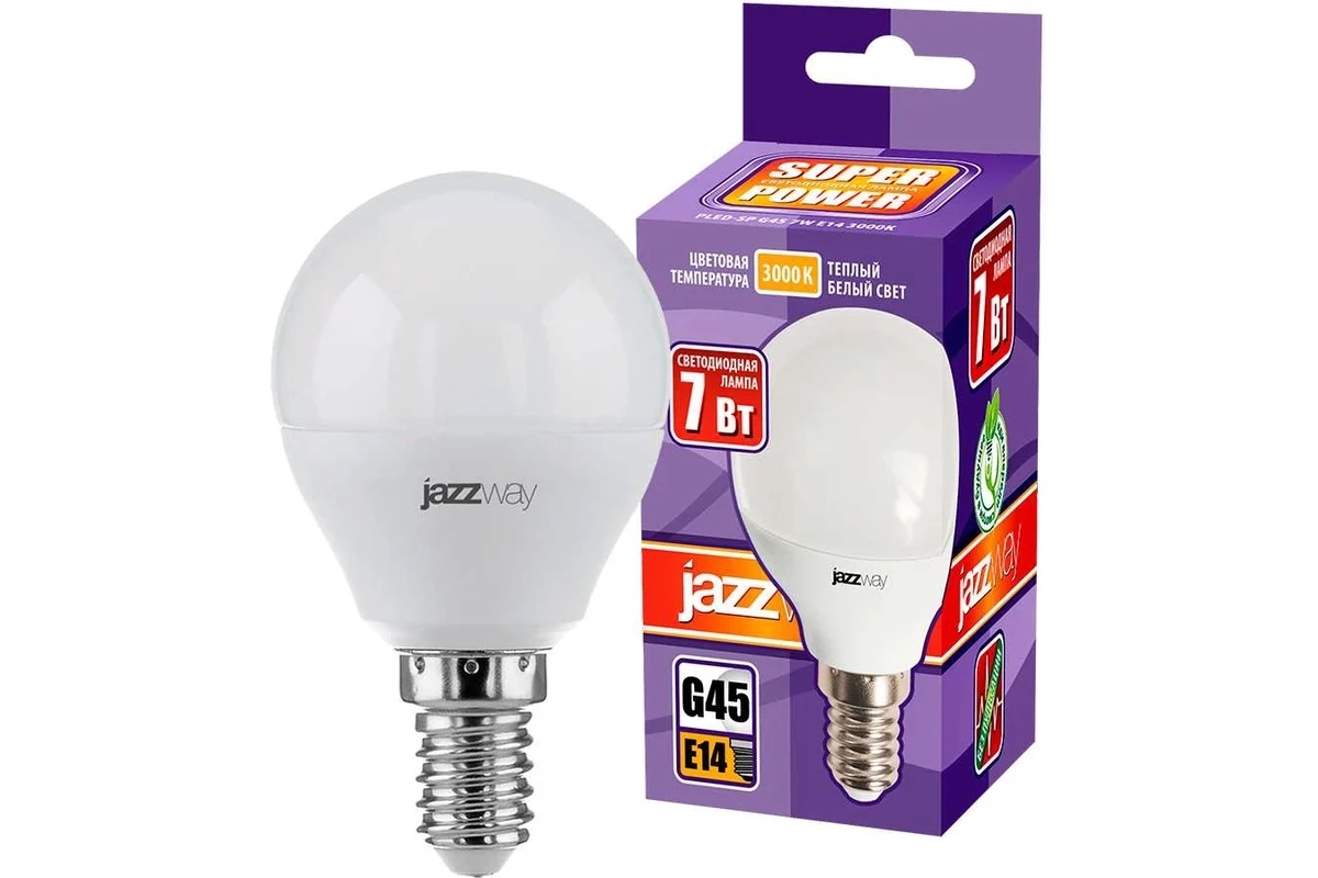 Лампа светодиодная JazzWay PLED-SP-G45 7Вт шар 3000К теплый белый E14 540лм 230В