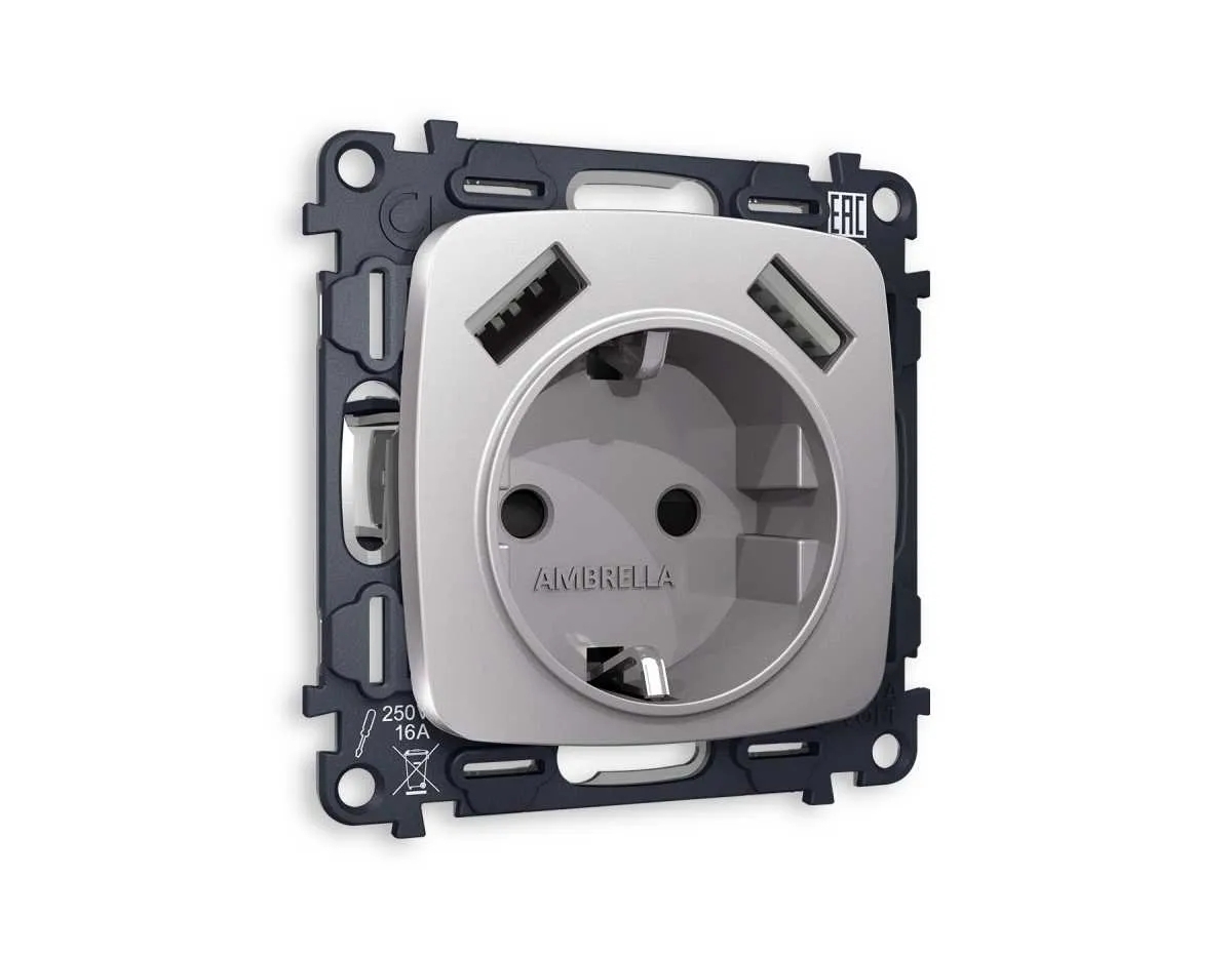 Комплект механизма электрической розетки OMEGA Сталь матовый 2USB A+A 18W (быстрая зарядка) с/з QUANT (OP5090, VM155) MO509010