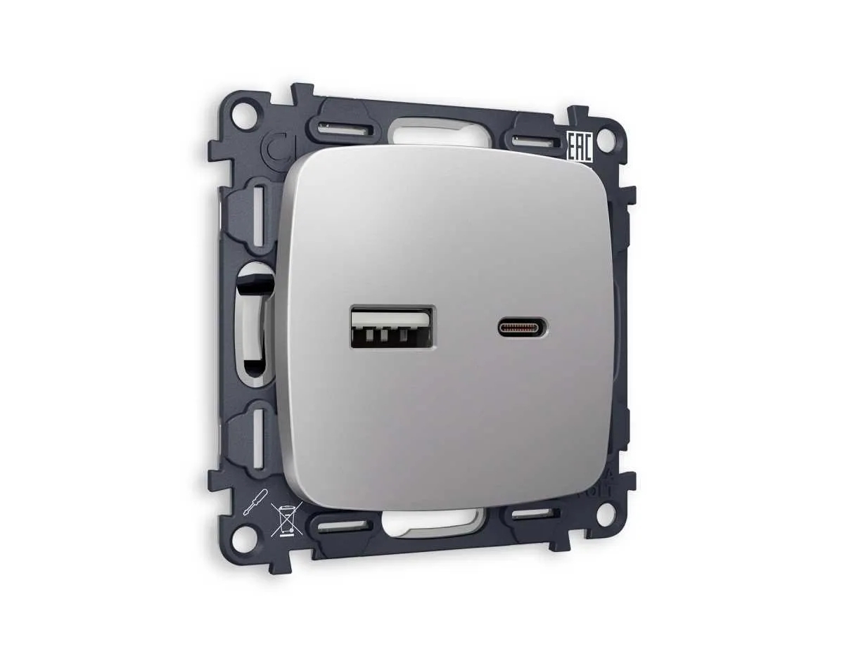 Комплект механизма розетки OMEGA Сталь матовый 2USB A+C 20W 3000mA (быстрая зарядка) QUANT (OP5110, VM177) MO511010