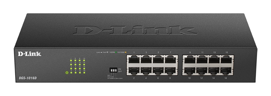 Коммутатор D-Link DGS-1016D/J1A, 16×1 Гбит/с, неуправляемый