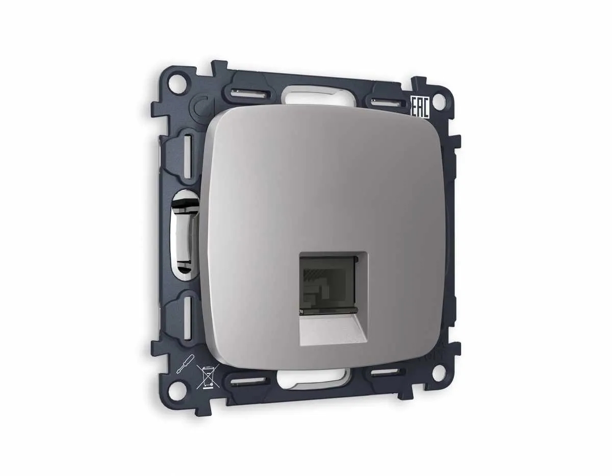 Комплект механизма компьютерной розетки OMEGA Сталь матовый RJ-45(8P8C) CAT6 с шторкой QUANT (OP5120, VM188) MO512010
