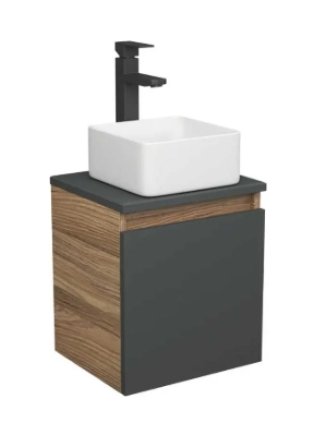 Тумба Bau Dream Blackwood 35 с ящиком, графит, раковина BAU Mini 37х23, смеситель для раковины высокий Hotel Black, черный, выпуск клик клак, черный