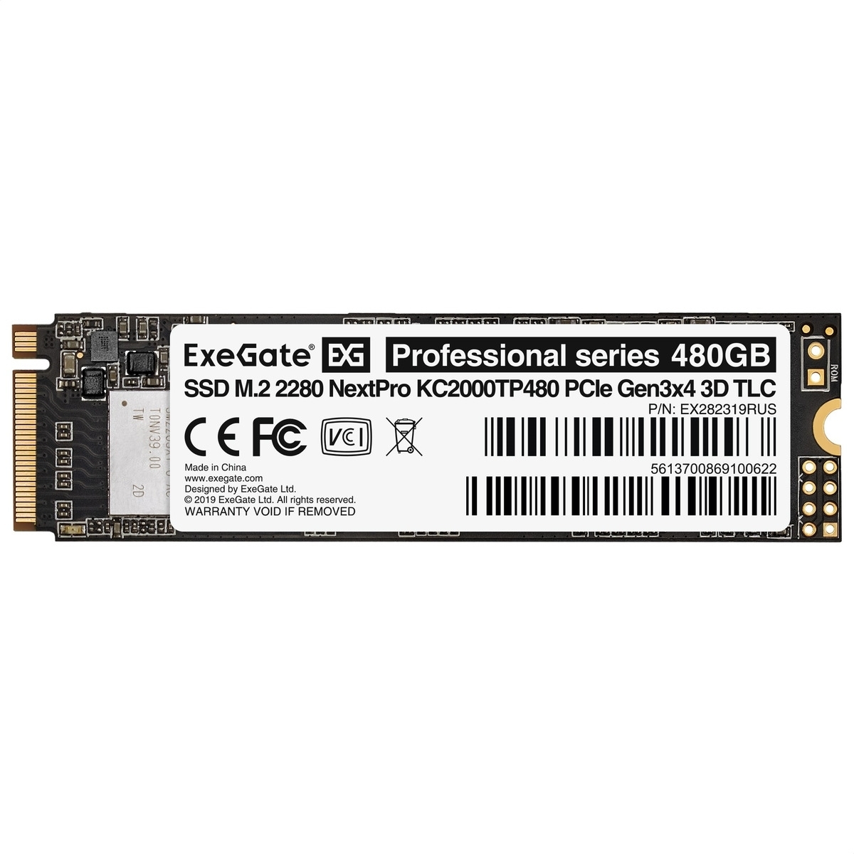 Накопитель SSD ExeGate NextPro KC2000TP480, 480Gb, M.2 2280, PCIe 3.0 x4, NVMe, R/W 1600/1200