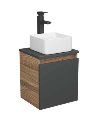 Тумба Bau Dream Blackwood 35 с ящиком, графит, раковина BAU Mini 37х23, смеситель для раковины высокий Hotel Still, нержавеющая сталь, выпуск клик клак, белый