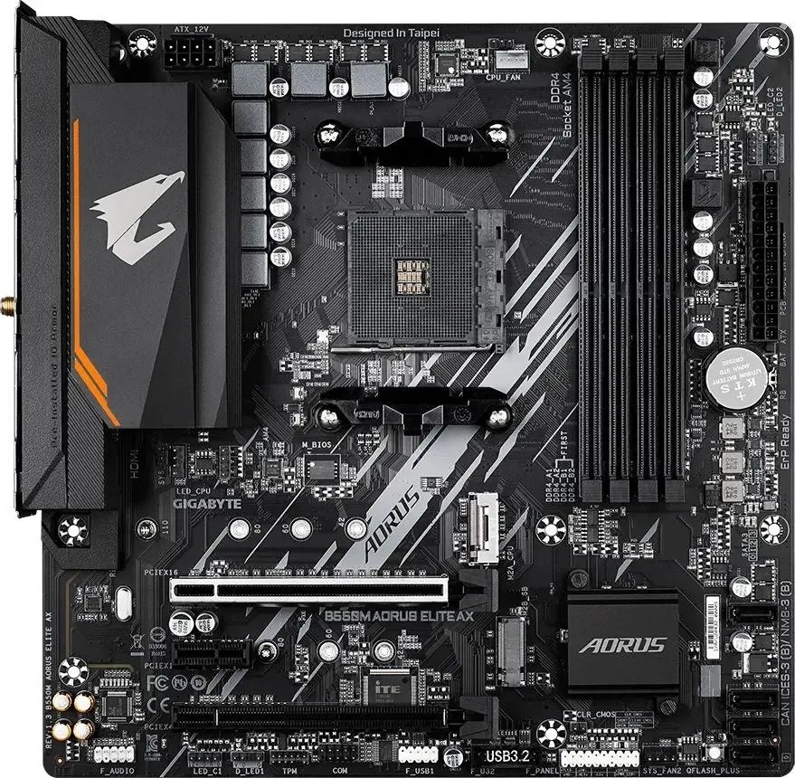 Материнская плата Gigabyte B550M AORUS ELITE AX, Socket AM4, AMD B550, 4xDDR4, 4xSATA, 2xM.2, 1xPCI-E 4.0 x16, 1xPCI-E 3.0 x4, 1xPCI-E x1, 1xDVI-D, 1xHDMI, 1x 1Gb LAN, 4xUSB-A 3.2 Gen 1, 4xUSB-A 2.0, 3x3.5 мм, 7.1, Micro-ATX