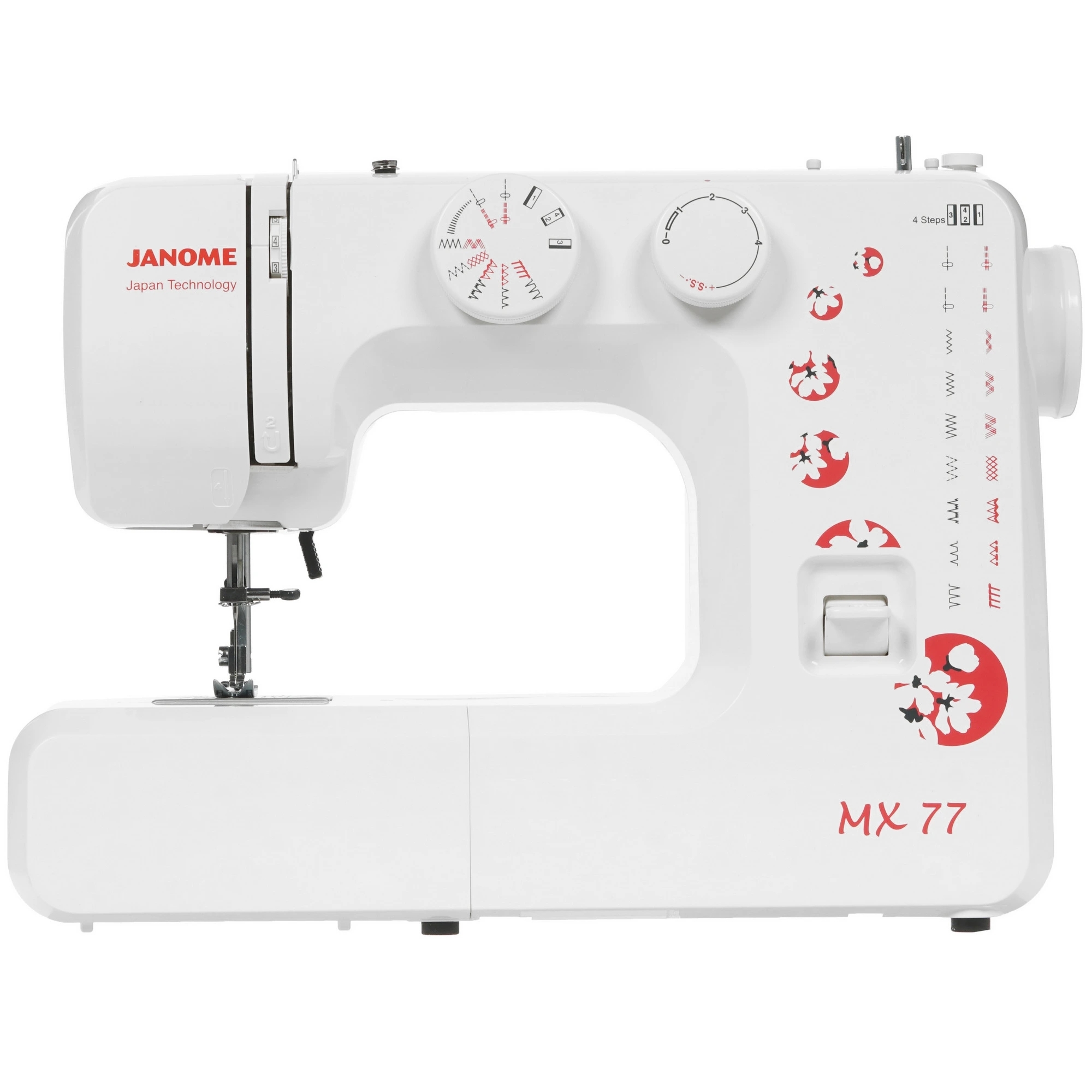 Швейная машина Janome MX 77 белый, электромеханическая, вертикальный качающийся, 15 операций, петля полуавтомат