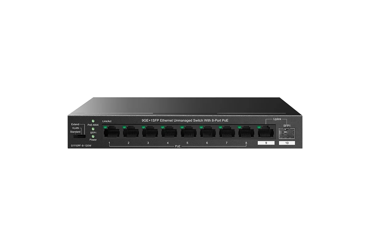 Коммутатор неуправляемый Tenda TEG1110PF-8-120W PoE, 10 портов, 9x1 Гбит/с, SFP 1х1 Гбит/с, PoE 8х30 Вт (до 102 Вт)
