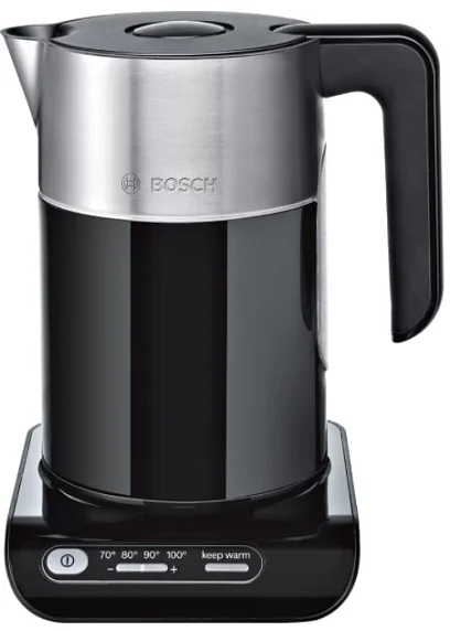 Электрочайник Bosch TWK8613P черный, 1.5 л, 2400 Вт, скрытый нагревательный элемент, поддержание температуры