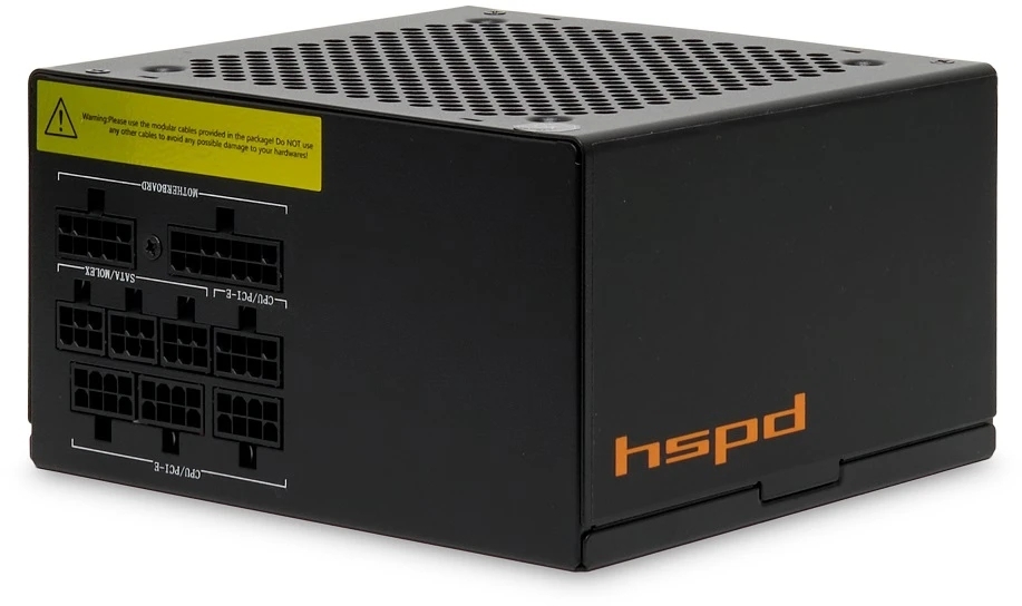 Блок питания Power Supply HSPD, 850W 80 PLUS Gold (ATX, 2.52, Full modular, 1x24(20+4)pin 600мм, 2xCPU 8(4+4)pin 700мм, 2xPCIe*2 8(6+2)pin 600+150мм, 2xSATA*3 500+150+150мм, 1xMOLEX*3 500+150+150мм, Active, 120x120мм, 150x140x86мм, APFC, OVP, OPP, SCP, UVP, OCP, OTP, NLO, SIP, black)