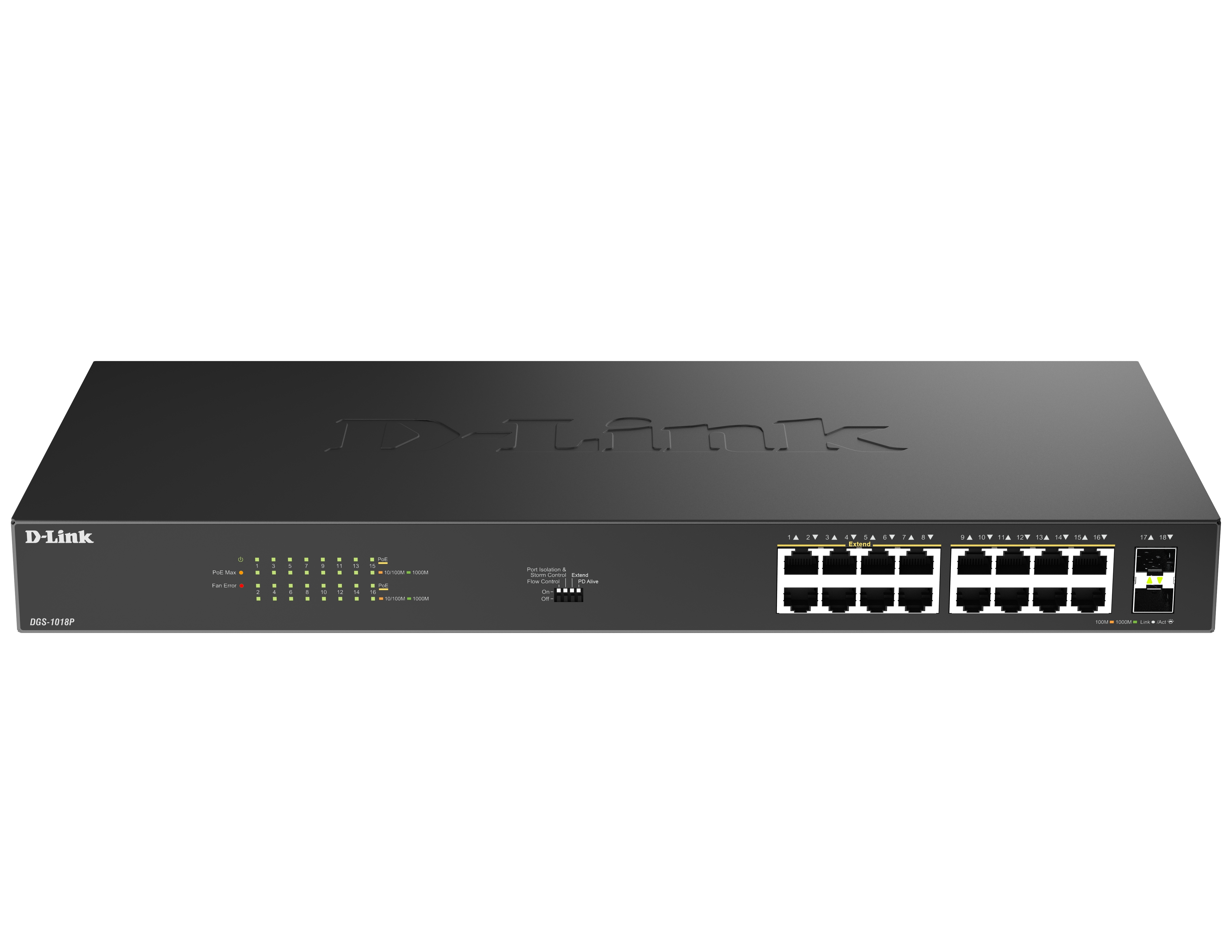 Коммутатор D-Link DGS-1018P/B1A, 16×1 Гбит/с + 2×1 Гбит/с SFP, неуправляемый