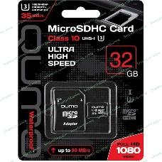 Флеш карта QUMO MicroSDHC 32Gb Сlass 10 UHS-I U3,3.0, адаптер в комплекте SD, черно-красная картонная упаковка (QM32GMICSDHC10U3)