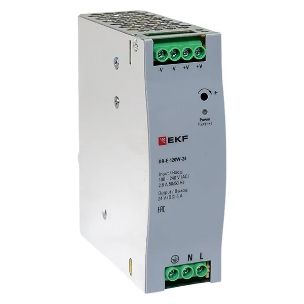 Блок питания на дин рейку EKF DR-E-120W-24 120 вт,Uвх ~ 220 В AC, Uвых - 24 В DC постоянного тока
