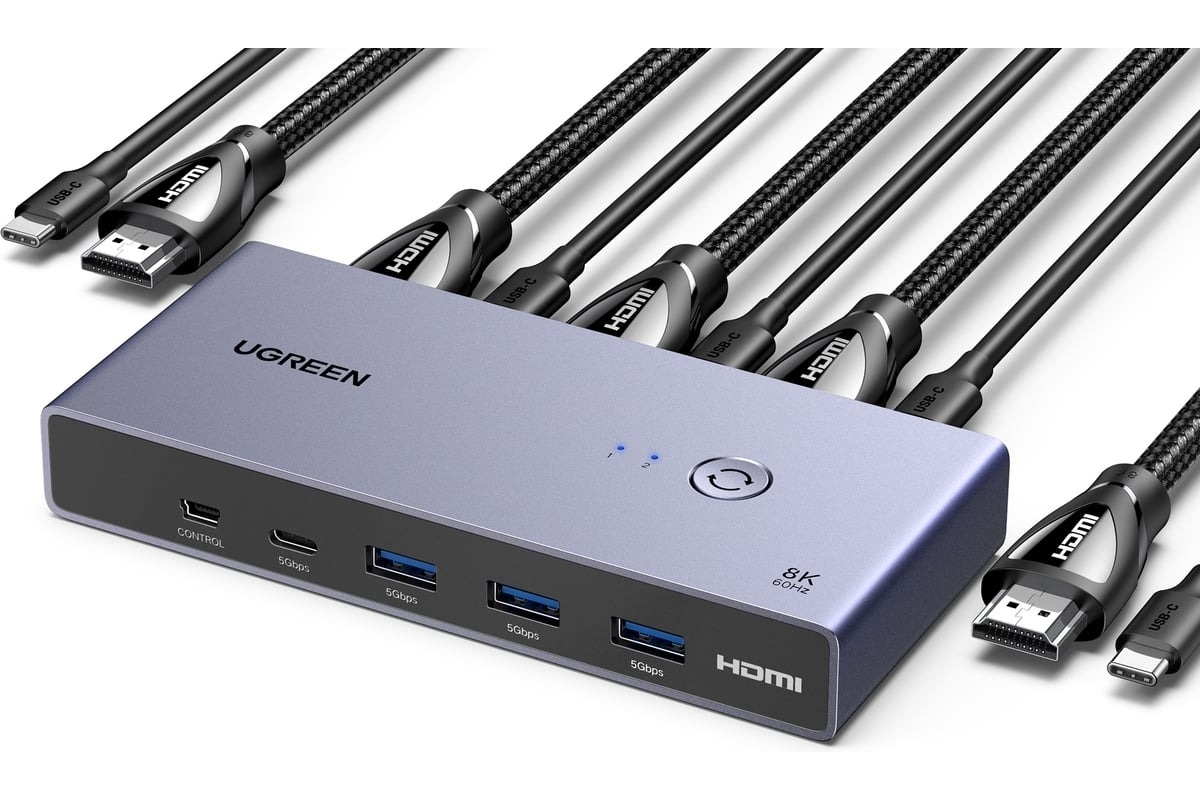 Переключатель UGREEN CM692 25961_ 8K/60Hz HDMI 2.1 KVM Switch 2-in-1 Out With Desktop Controller. Цвет: серый