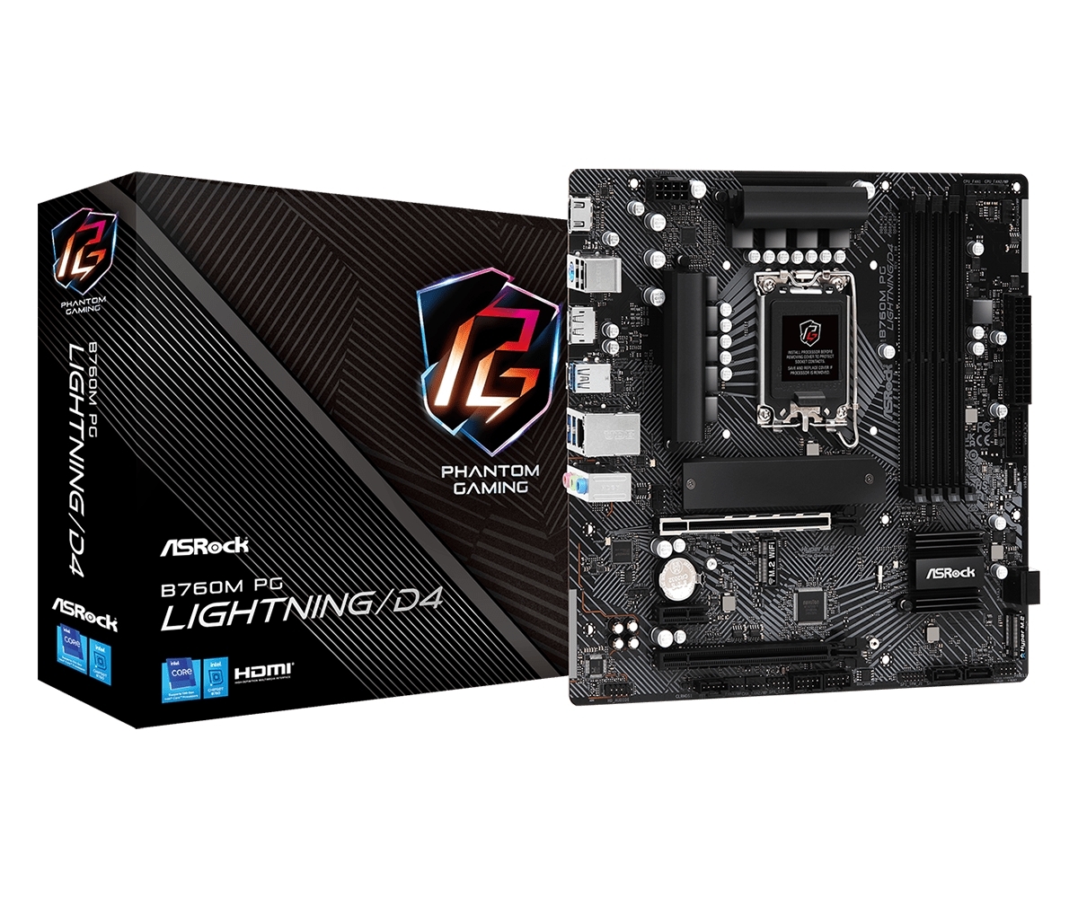 Материнская плата ASRock B760M PG Lightning/D4, LGA 1700, Intel B760, 4xDDR4, 4xSATA, 2xM.2, 1xPCIe 4.0 x16, DisplayPort, HDMI, USB Type-C, 1x1Gb LAN, 3x3.5 мм, 7.1, microATX
