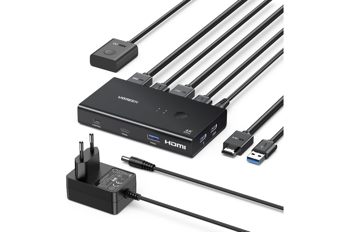 Переключатель UGREEN AK502 45452_ HDMI 2.0 KVM Switch 2 In 1 Out. цвет: черный