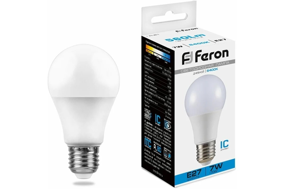 Лампа светодиодная FERON LB-91 (25446) 7W 230V E27 6400K A60